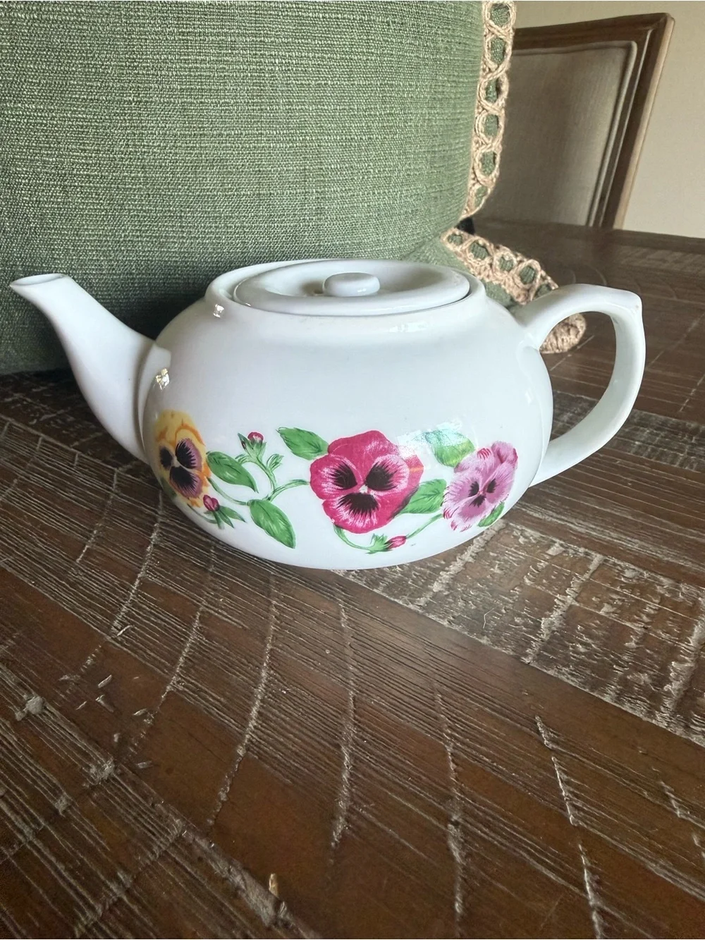 White Ceramic Teapot with Pink Floral Pansy Motif